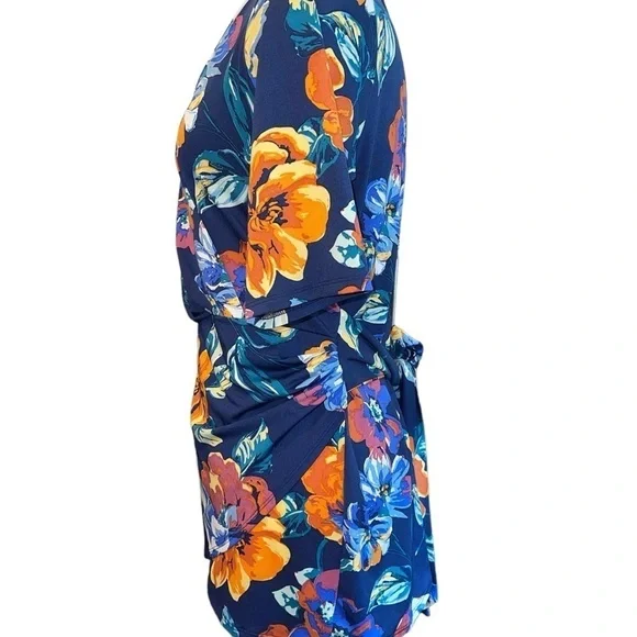 Kate & Mallory Women's Top Size M Blue Floral Wrap Tie Around Waist Short Sleeve - Picture 5 of 12